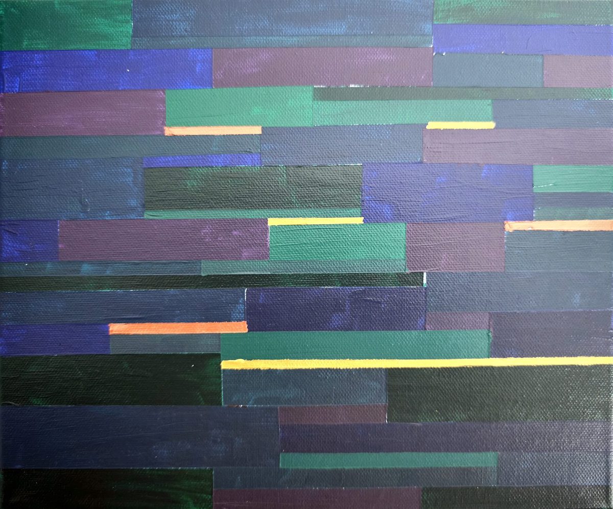 Horizontal bands of muted blue, green and violet with thin gold and coral lines
