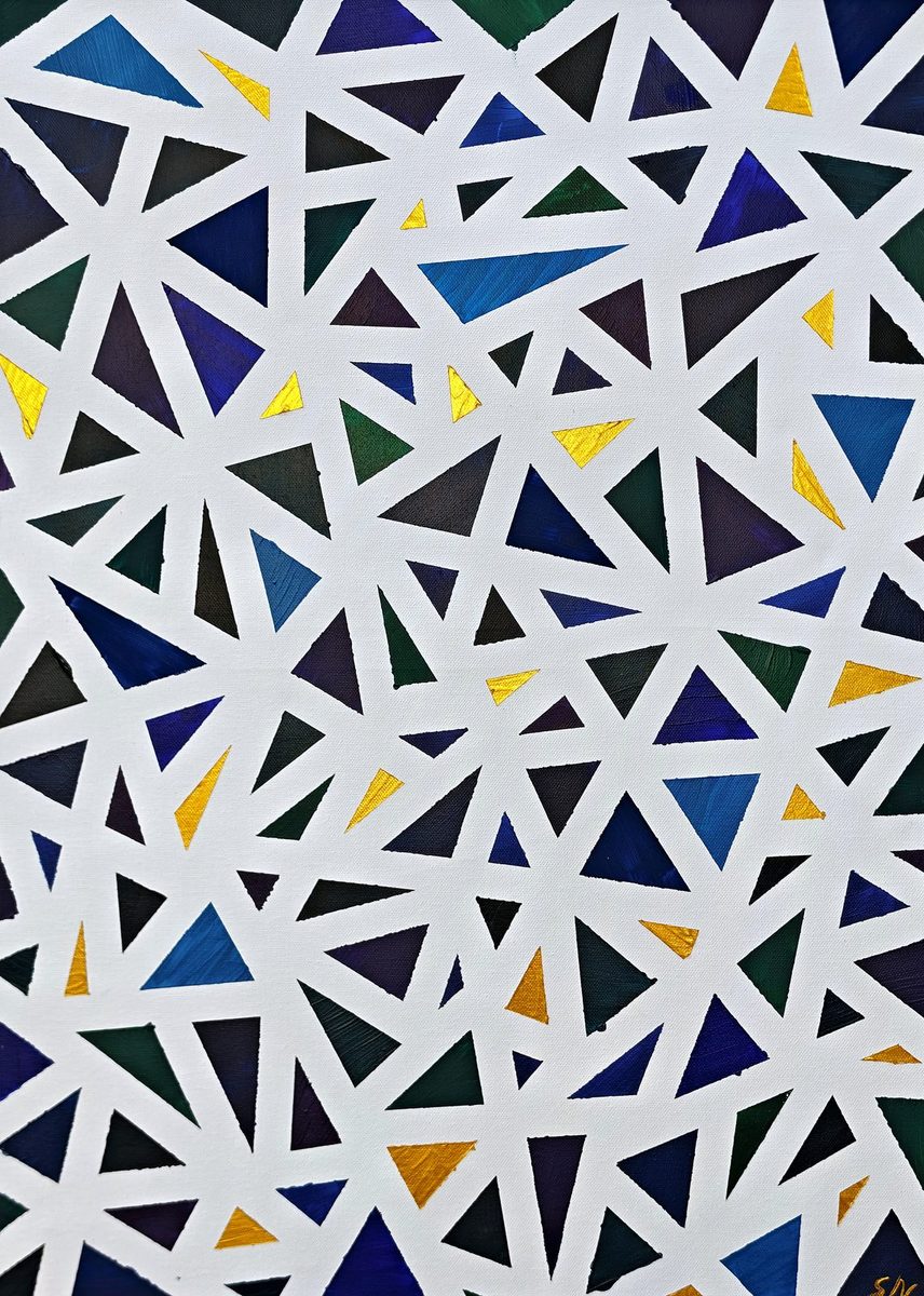 Mosaic of navy, teal, green and gold triangles on white