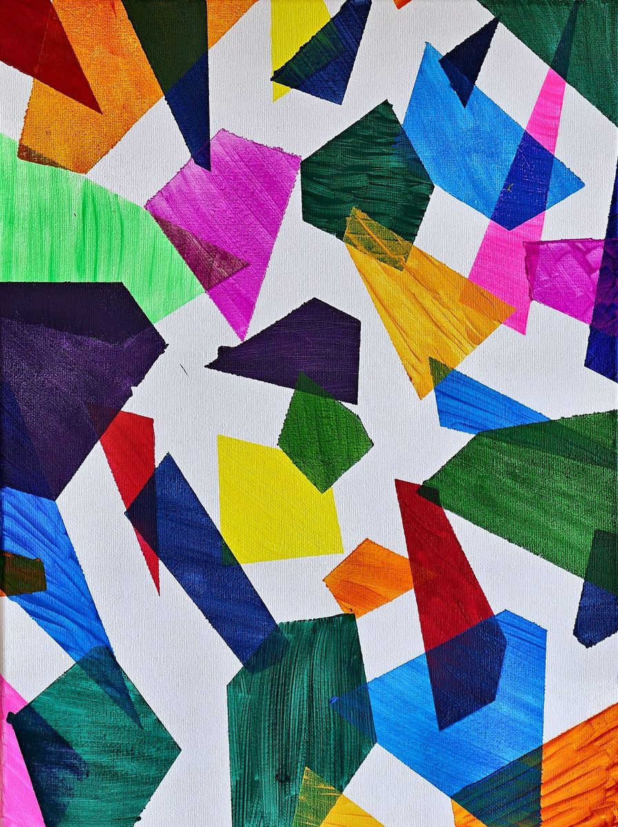 Overlapping shards of vivid colour on white