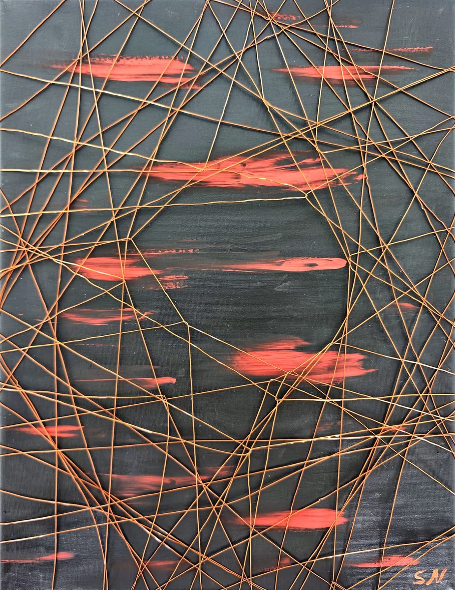 Copper threads crossing a grey canvas over coral-red brushstrokes