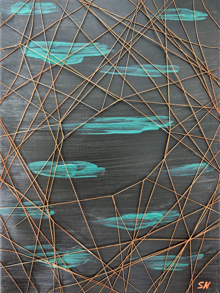 Copper threads crossing a grey canvas over teal brushstrokes