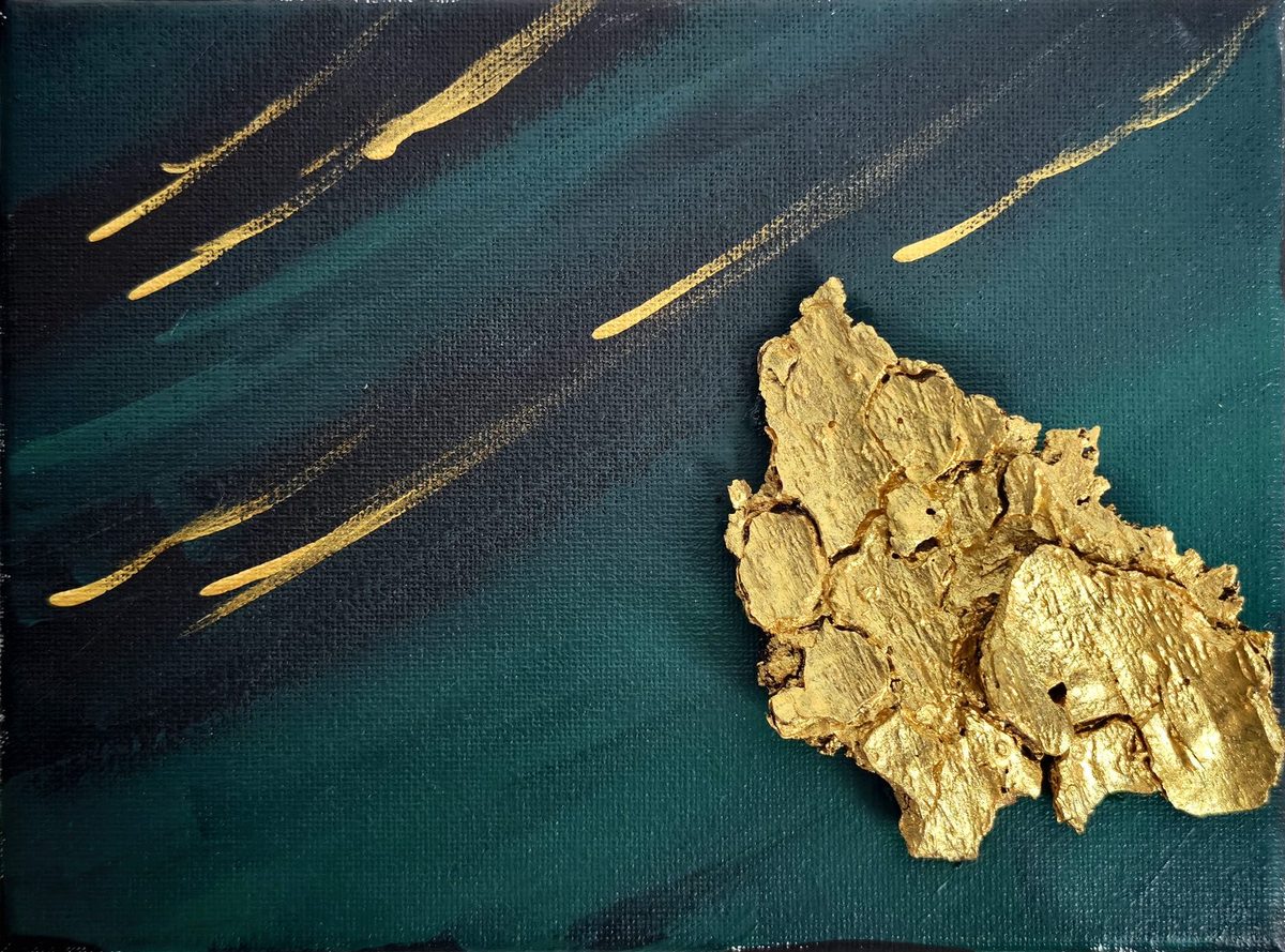 Deep green field with gold strokes and a textured gold-leaf form